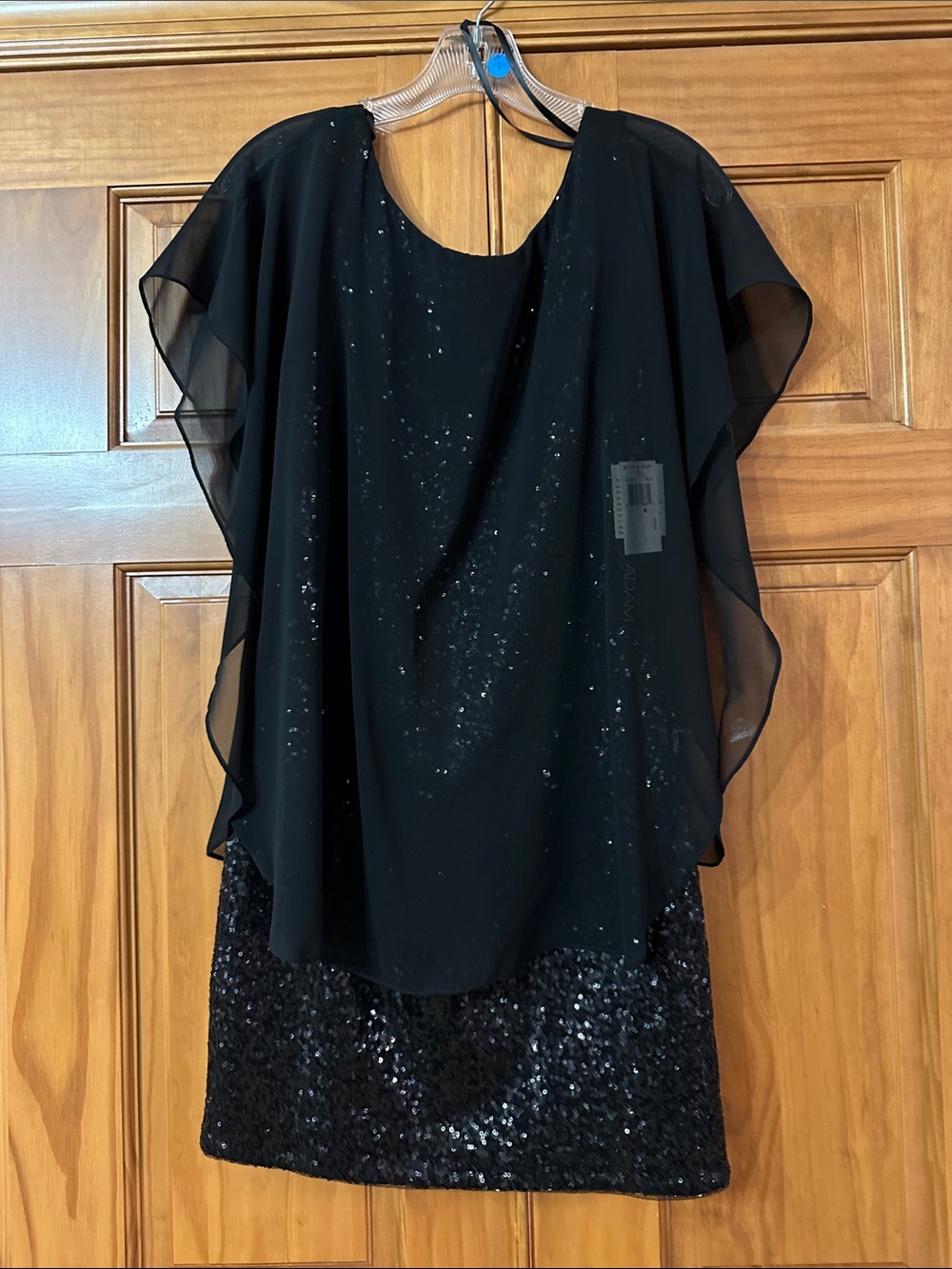 NEW! W tags! Betsy & Adam Black Sequin Evening Dress with Sheer Overlay